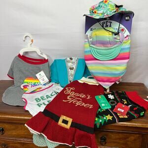 Dog Clothing Bundle M 7pc Christmas Ugly Sweater Raincoat Dress Sun Hat T-shirts